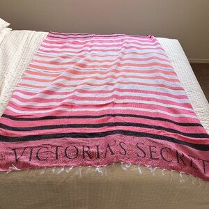 Victoria's Secret Beach Blanket in pink, white, and black stripes